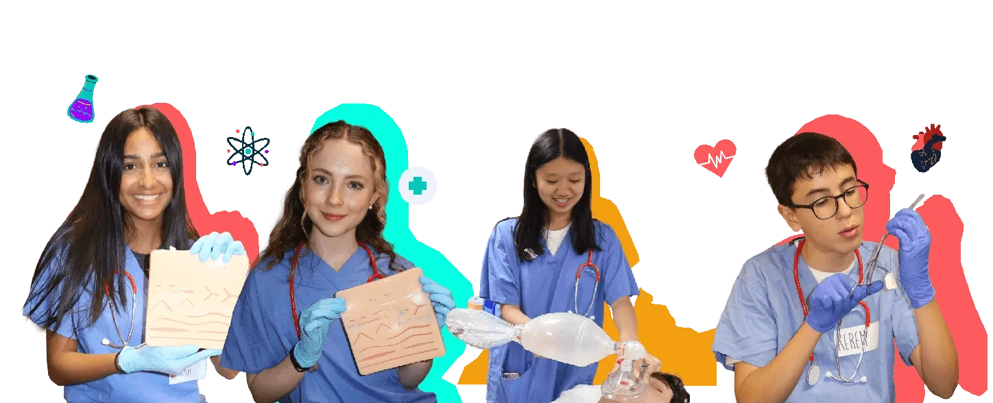 Medefine students in scrubs practising clinical skills